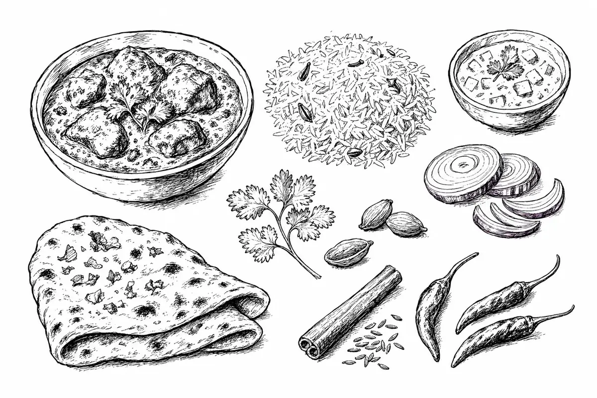 Hand-drawn ink illustration of the dishes in Chicken Tikka Masala Night