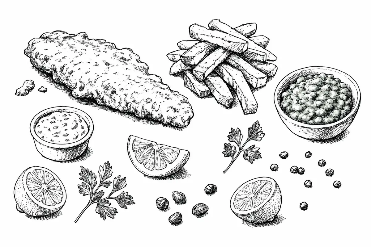 Hand-drawn ink illustration of the dishes in Fish & Chips Supper