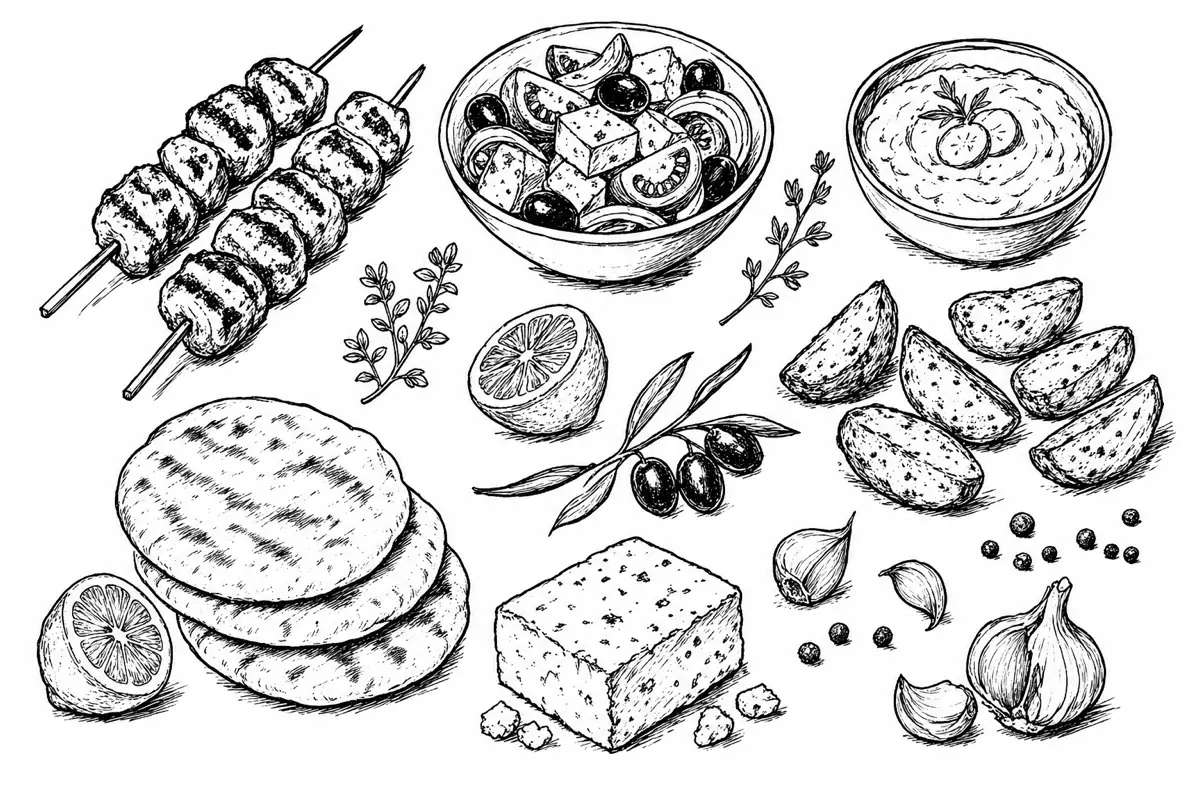 Hand-drawn ink illustration of the dishes in Greek Meze Feast