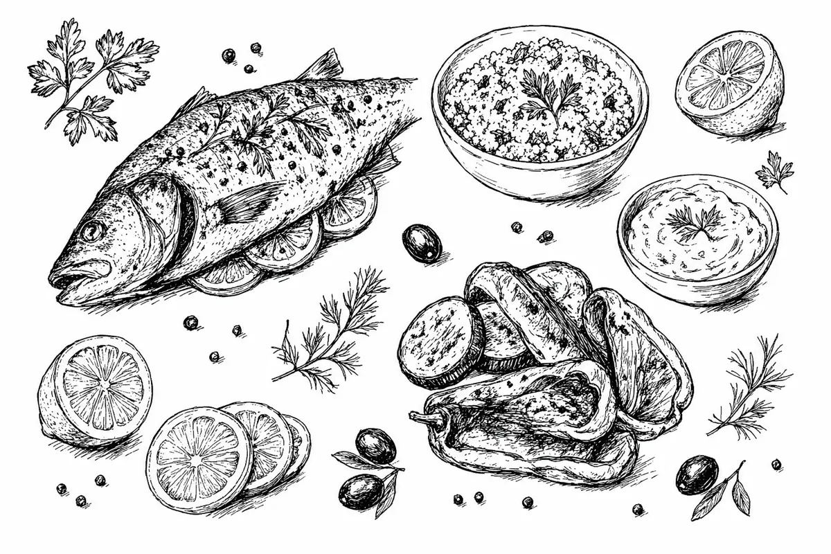 Hand-drawn ink illustration of the dishes in Mediterranean Roasted Sea Bass