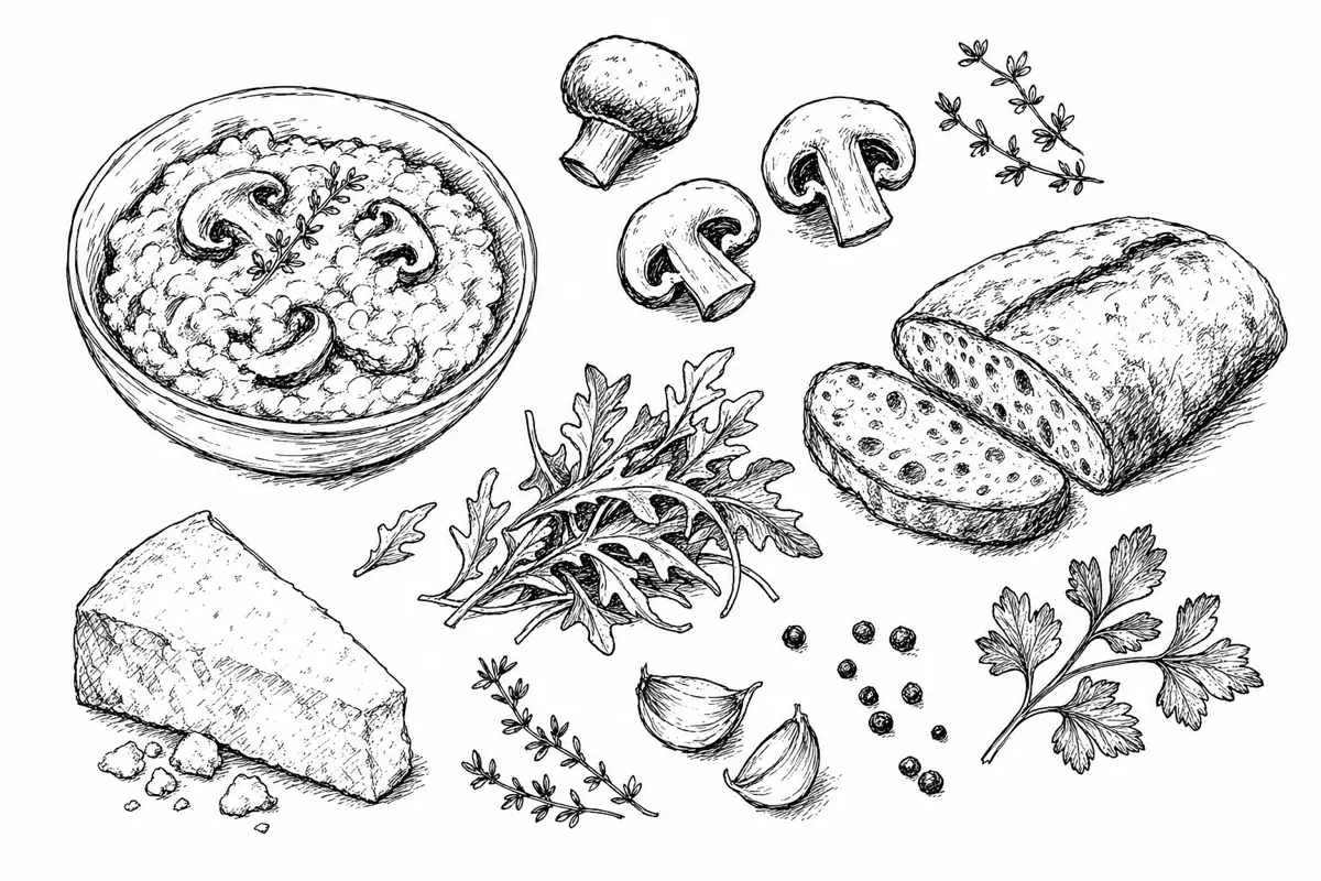 Hand-drawn ink illustration of the dishes in Wild Mushroom Risotto Dinner