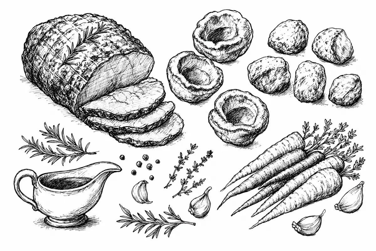 Hand-drawn ink illustration of the dishes in Roast Beef & Yorkshire Puddings