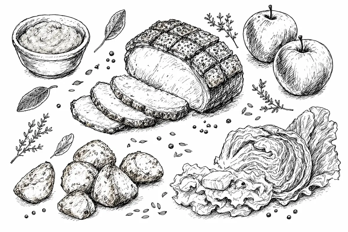 Hand-drawn ink illustration of the dishes in Roast Pork with Crackling