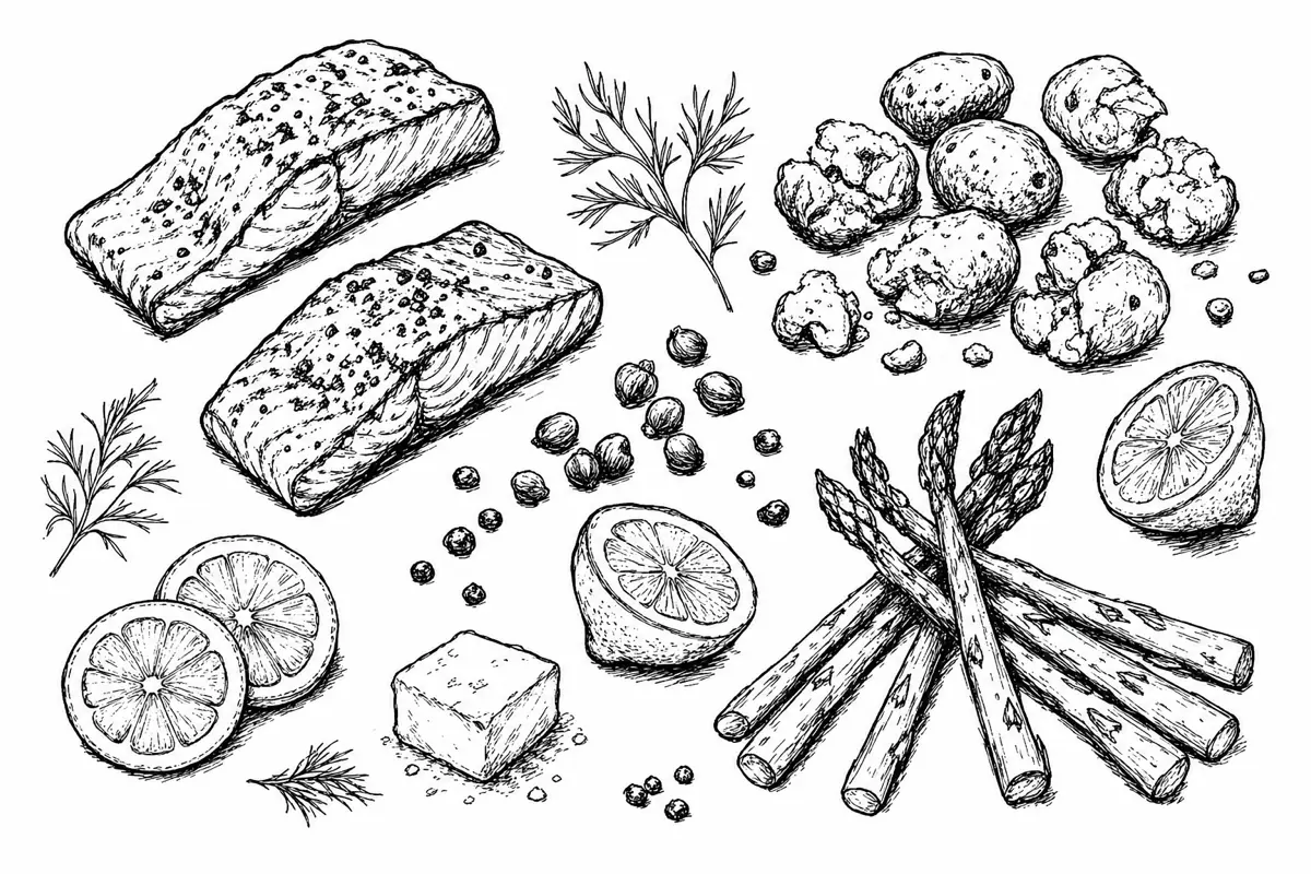 Hand-drawn ink illustration of the dishes in Salmon Traybake Supper