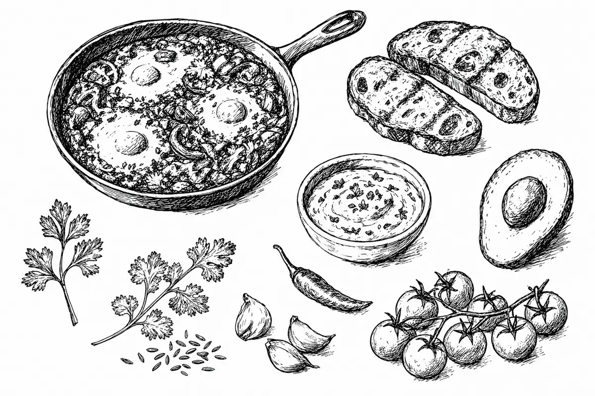 Hand-drawn ink illustration of the dishes in Shakshuka Brunch