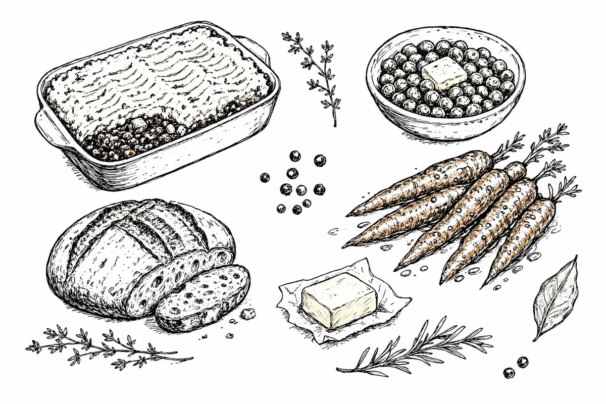 Hand-drawn ink illustration of the dishes in Shepherd's Pie Supper