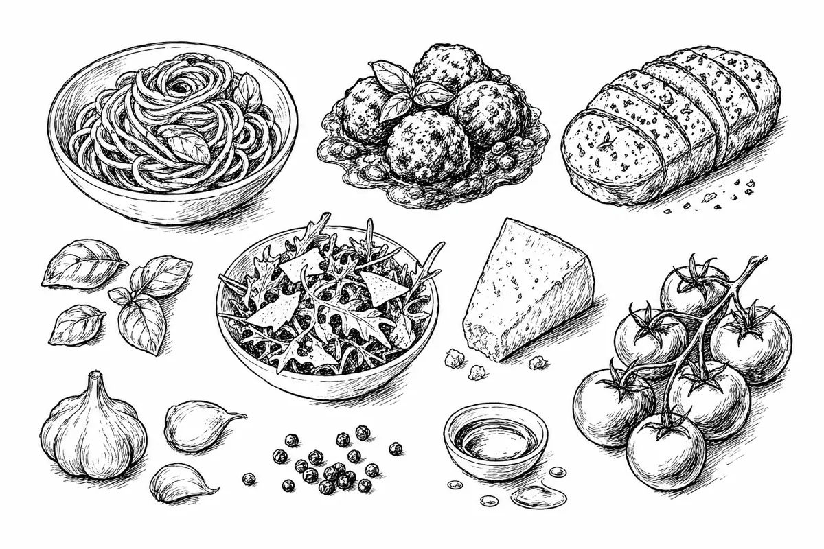 Hand-drawn ink illustration of the dishes in Spaghetti & Meatballs
