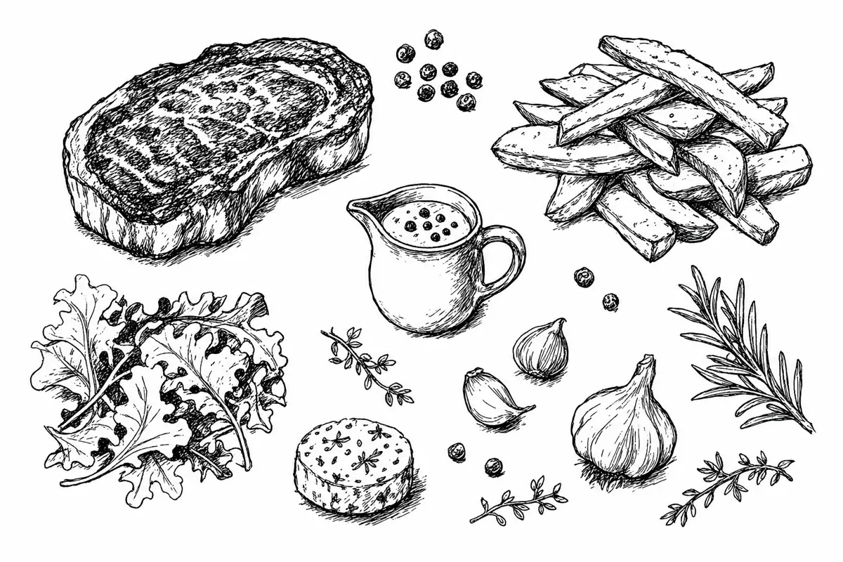 Hand-drawn ink illustration of the dishes in Steak Frites