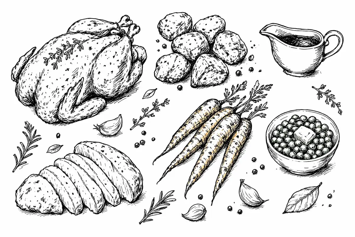 Hand-drawn ink illustration of the dishes in Sunday Roast Chicken Dinner