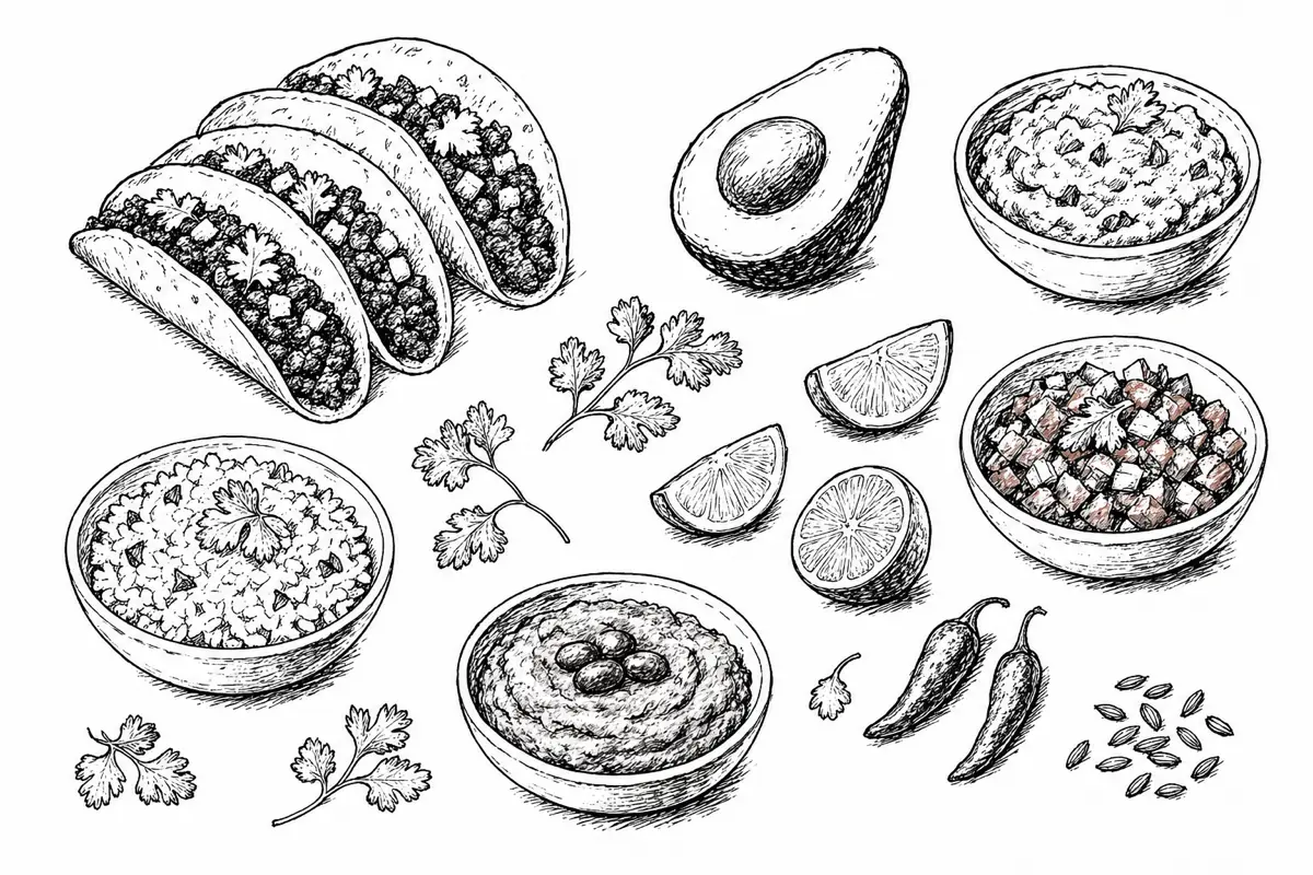 Hand-drawn ink illustration of the dishes in Taco Night