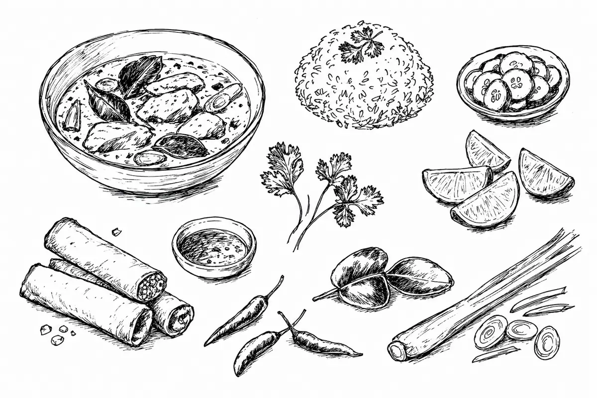 Hand-drawn ink illustration of the dishes in Thai Green Curry Night